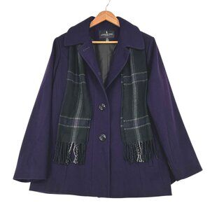 London Fog Peacoat Coat Purple Wool Blend Detachable Scarf XL Grand Millenial